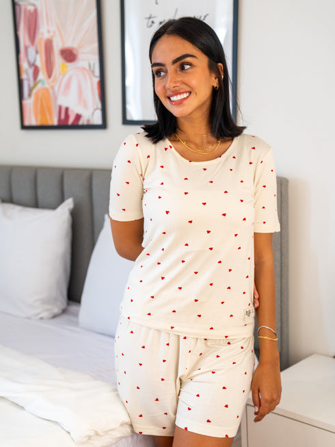 Women Summer Pajama set Red Hearts T-shirt + Shorts